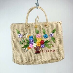 VINTAGE St Thomas Bags By Cabana Straw Rattan Woven Floral Purse Tote